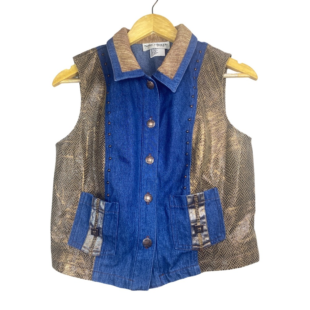 Vintage Denim Vest Studded Metallic‎ Snakeskin Western Artsy Maximalist Size 8 M